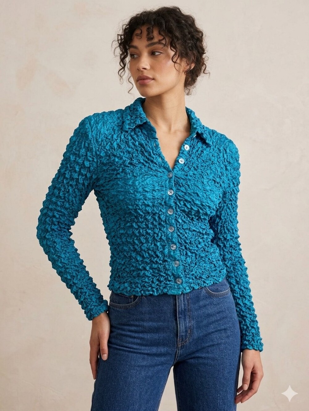 Magic Scarf Co. Vintage Popcorn Crinkled Button-Up Top Teal Blue Size 2 to 22